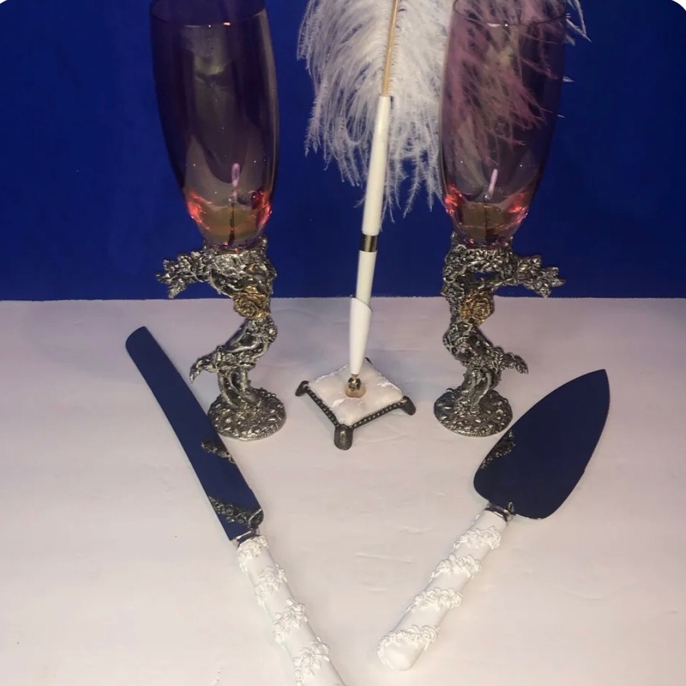 Wedding Set Glasses Knife Pen 23K Gold Plate Roses Pewter Fellowship Foundry